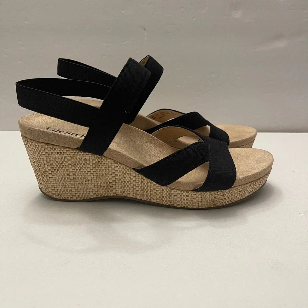 LifeStride Danita Black Wedge Sandals Elastic Straps Raffia Heel Womens 9.5M